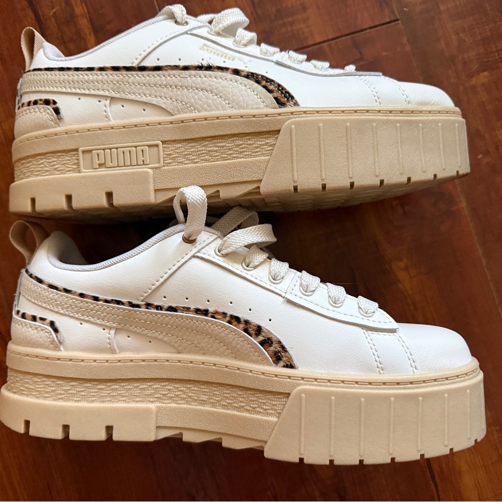 PUMA Women's Leopard White and Beige Platform Sneakers